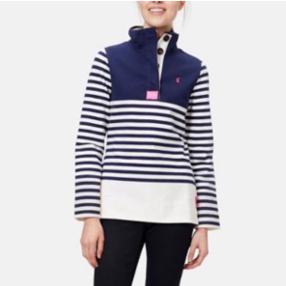 Joules Tops - Joules Cowdray Sweatshirt Button Striped Navy Blue Pink US 6 Pullover Nautical